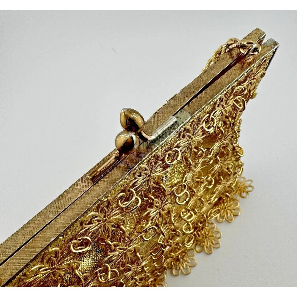 Vintage Made in Japan Gold Filigree Evening Bag Rhinestone Kiss Lock Purse